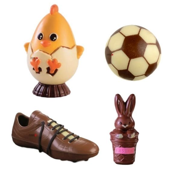 Set-2-Stampi-Forma-Cioccolato-Plastica-Termoformata-Modello-3D-Pulcino-Little-Bunny-Scarpa-Calcio-Pallone-Coniglio-Pasquale-
