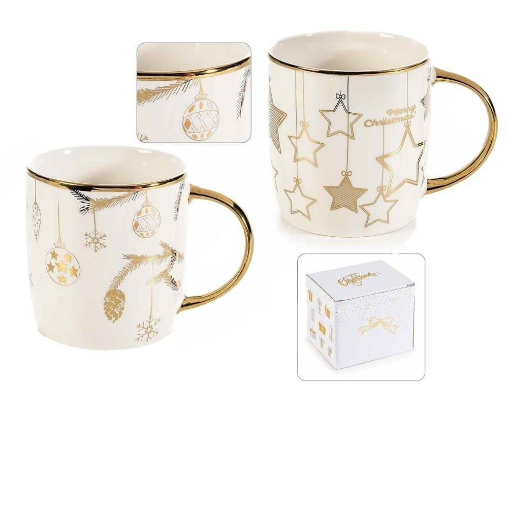 Set 2 Tazze Mug Cioccolata In Porcellana Con Decori Natalizi Dorati Ml.380  Online - Consegna 48 Ore - Resi Gratuiti - Professional Cooking