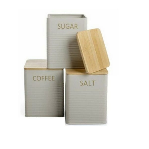 Set Tris Barattoli Sale Caffe' Zucchero In Metallo Con Coperchio Bamboo - Professional Cooking